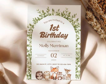 Woodland Birthday Invitation, Editable First Birthday Invite Template, Fox Deer Bear Hedgehog Forest Animals 1st Birthday Invite