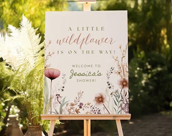 Placa para Chá de Bebê com Flores Silvestres, Modelo de Placa para Cavalete "Uma Florzinha Silvestre Está a Caminho", Placa de Boas-Vindas Floral para Chá de Bebê (0210)