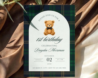 May include: A rectangular birthday invitation card featuring a dark green and navy blue plaid border. The center has a white arched panel with a brown teddy bear wearing a black bow tie, text reading 1st birthday, Brayden Merriman, November 02, 2030.