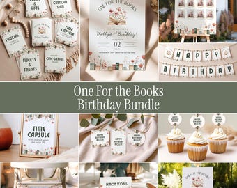 May include: A birthday party stationery bundle featuring a book-themed design with floral accents and illustrations of stacked books. Includes invitation cards, signage, cupcake toppers, banners, and favor tags with text like One For The Books.