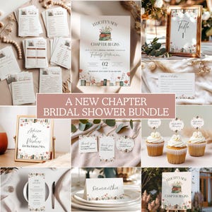 May include: A collection of bridal shower stationery with a floral and book theme. Includes invitations, table cards, advice cards, cupcake toppers, and a sign that reads "A New Chapter Bridal Shower Bundle."