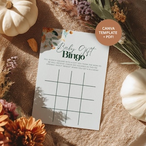Plantilla de Canva para bingo de regalos de baby shower, juego de baby shower de otoño, bingo de regalos para bebé, descarga instantánea, actividad rústica para baby shower, 0102