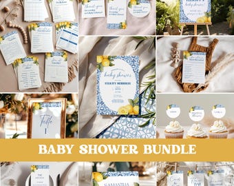 Lemon Baby Shower Bundle, Italian Blue Tiles Baby Shower Template, Citrus Baby Shower Invitation (0109)