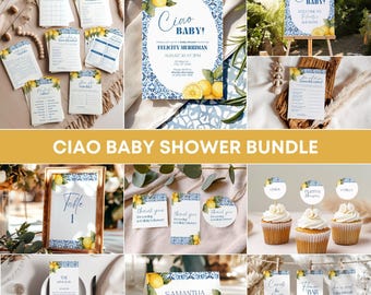 Ciao babyinbjudningspaket, mall för citronbabyshowerpaket, babyshowerdekorationer i italienskt blått kakel (0207)