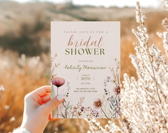 Faire-part de douche nuptiale fleurs sauvages, modèle d'invitation de douche nuptiale de printemps modifiable, faire-part de douche nuptiale floral (0213)