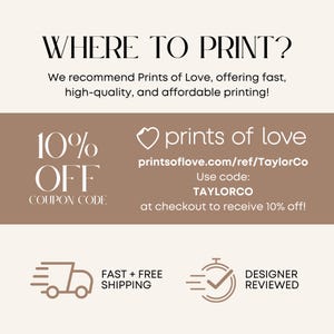 The image is a promotional advertisement for Prints of Love, offering fast, high-quality, and affordable printing services. It features a 10% off offer, a designer-reviewed shipping option, and a 10% off coupon code for Taylorco.