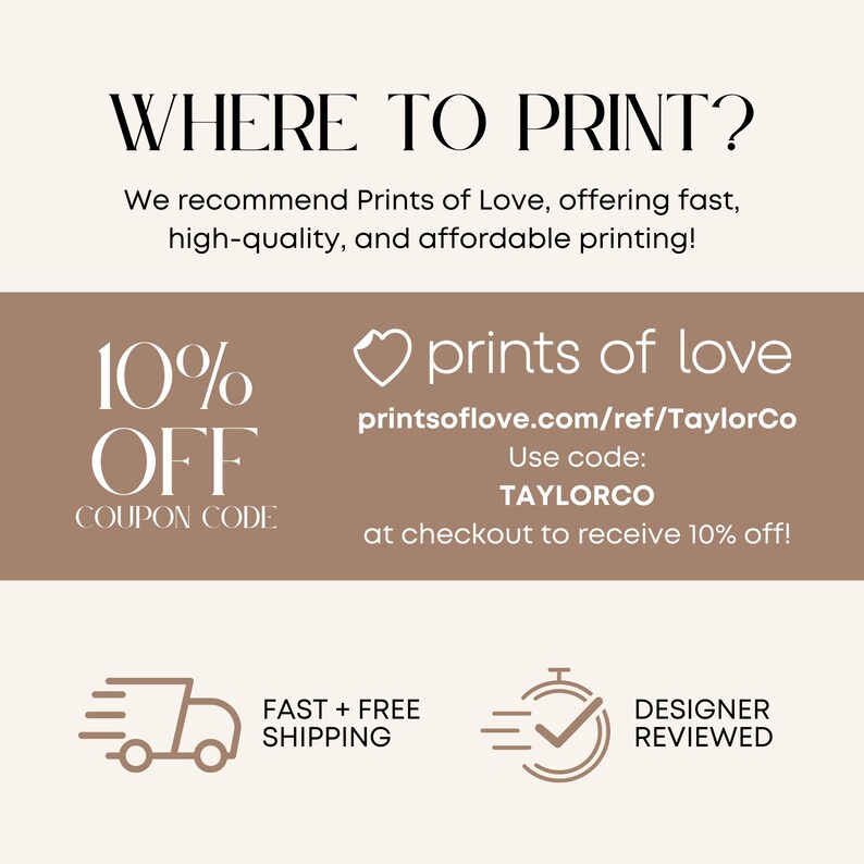 The image is a promotional advertisement for Prints of Love, offering fast, high-quality, and affordable printing services. It features a 10% off offer, a designer-reviewed shipping option, and a 10% off coupon code for Taylorco.
