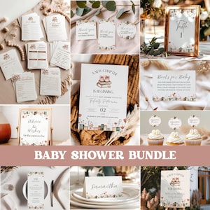 May include: A baby shower bundle featuring invitations, thank you tags, table cards, advice cards, and cupcake toppers. The designs include floral and book illustrations with the text "A New Chapter Is Beginning" and "Baby Shower Bundle".