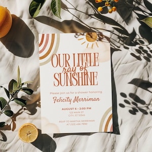 Little Ray of Sunshine Baby Shower Invitation: Rainbow Theme Canva Template (0110)