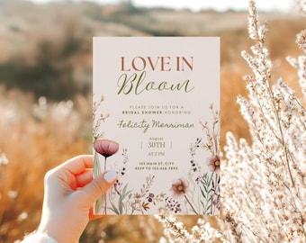 Love in Bloom Bridal Shower Invitation, Editable Wildflower Shower Invite Template, Floral Bridal Shower Invitation (0212)