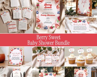 May include: A baby shower stationery bundle featuring a berry theme with strawberries and blueberries on a pink gingham background. Includes invitations, table signs, cupcake toppers, thank you tags, and game cards with printed text.