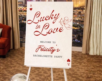 Placa de despedida de solteira "Sortudo no Amor", Placa de boas-vindas para despedida de solteira em Las Vegas, Tema de despedida de solteira em cassino (Modelo para Canva)