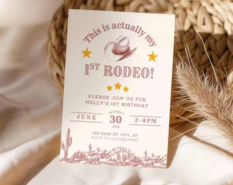 Plantilla de invitación para el primer rodeo de niña: Plantilla de Canva para fiesta de primer cumpleaños de vaquera del oeste