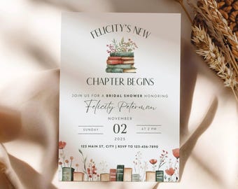 Invitación para despedida de soltera "Su próximo capítulo", invitación para despedida de soltera "Cuento de hadas", invitación para despedida de soltera "Nuevo capítulo comienza" con flores rosas (0205)