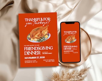 Friendsgiving Invitation Bundle | Editable Canva Template for Thanksgiving Dinner, Evite & Printable Invite, Thankful For You Turkeys