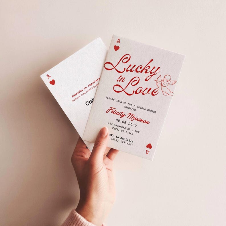 Lucky in Love Bridal Shower Invitation, Vegas Bridal Shower Invite, Queen of Hearts Shower Invitation, Cupid Theme (Canva Template) image 3