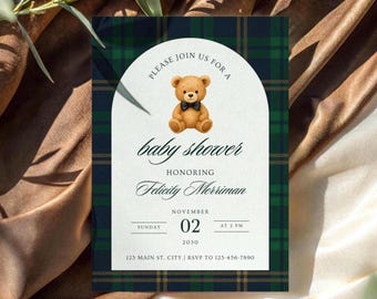 Ralph Lauren Baby Shower Invitation Template, Vintage Teddy Bear, Polo Classic Plaid, Tartan Equestrian, Polo Luxury Baby Shower Invite