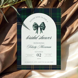 May include: A rectangular bridal shower invitation card featuring a dark green and navy blue plaid pattern. The centre has an arched white panel with a dark green bow illustration, text reading "PLEASE JOIN US FOR A bridal shower HONORING Felicity Merriman NOVEMBER 02 2030 SUNDAY AT 2 PM 123 MAIN ST, CITY | RSVP TO 123-456-7890".