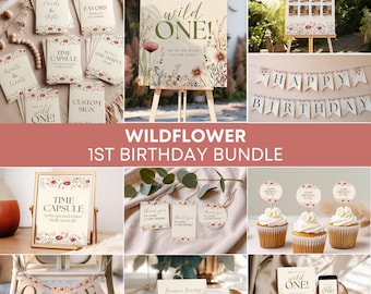 Wildflower First Birthday, Editable Wild One Birthday Invitation Bundle, Floral Girl 1st Birthday Bundle (0215)