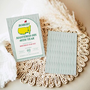 May include: Two invitation cards with a green and white striped pattern. One card features text: "ROBERT MASTERED HIS 40TH YEAR" with a yellow golf course logo and a red flag. The second card has the same striped pattern.
