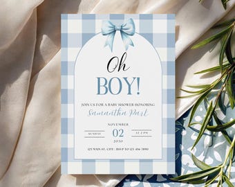 Oh Boy Shower Invitation, Baby Boy Baby Shower Invite, Blue Bow Gingham Theme