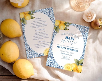 Itinerario de despedida de soltera, invitación de despedida de soltera con limón, tema de azulejos mediterráneos de la costa de Amalfi, pareja ideal