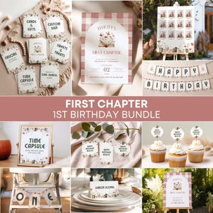 Primer cumpleaños, tema de cumpleaños del capítulo uno, decoración para el primer cumpleaños de una niña de cuentos, paquete de primer cumpleaños con temática de libros (0225)