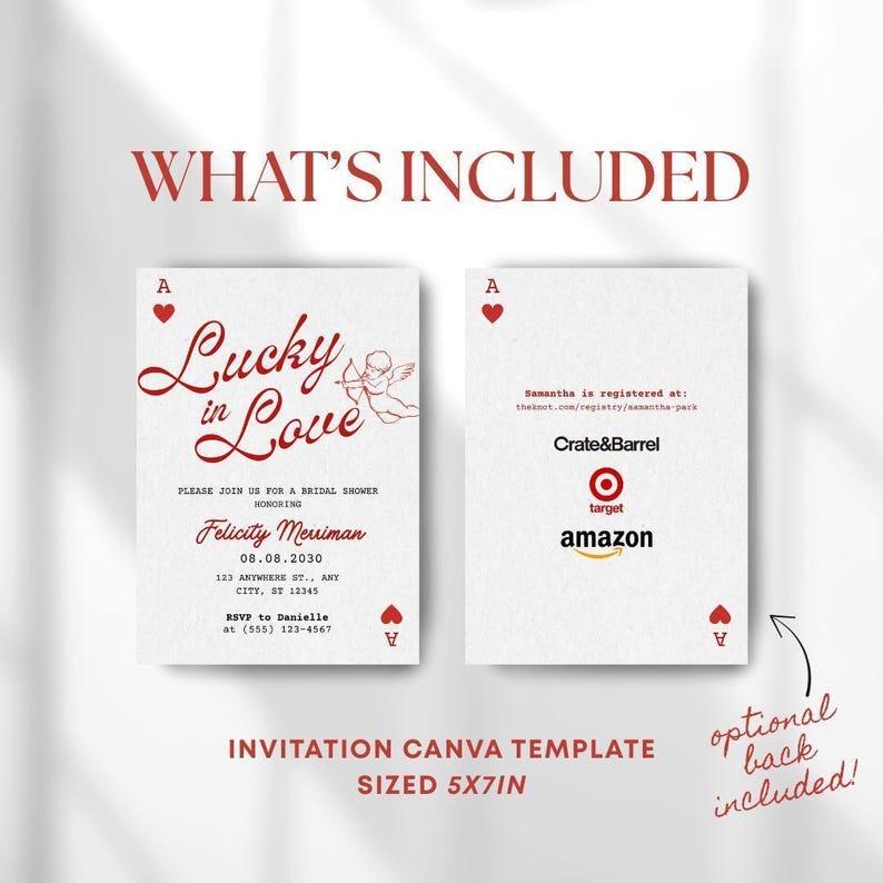 Lucky in Love Bridal Shower Invitation, Vegas Bridal Shower Invite, Queen of Hearts Shower Invitation, Cupid Theme (Canva Template) image 2