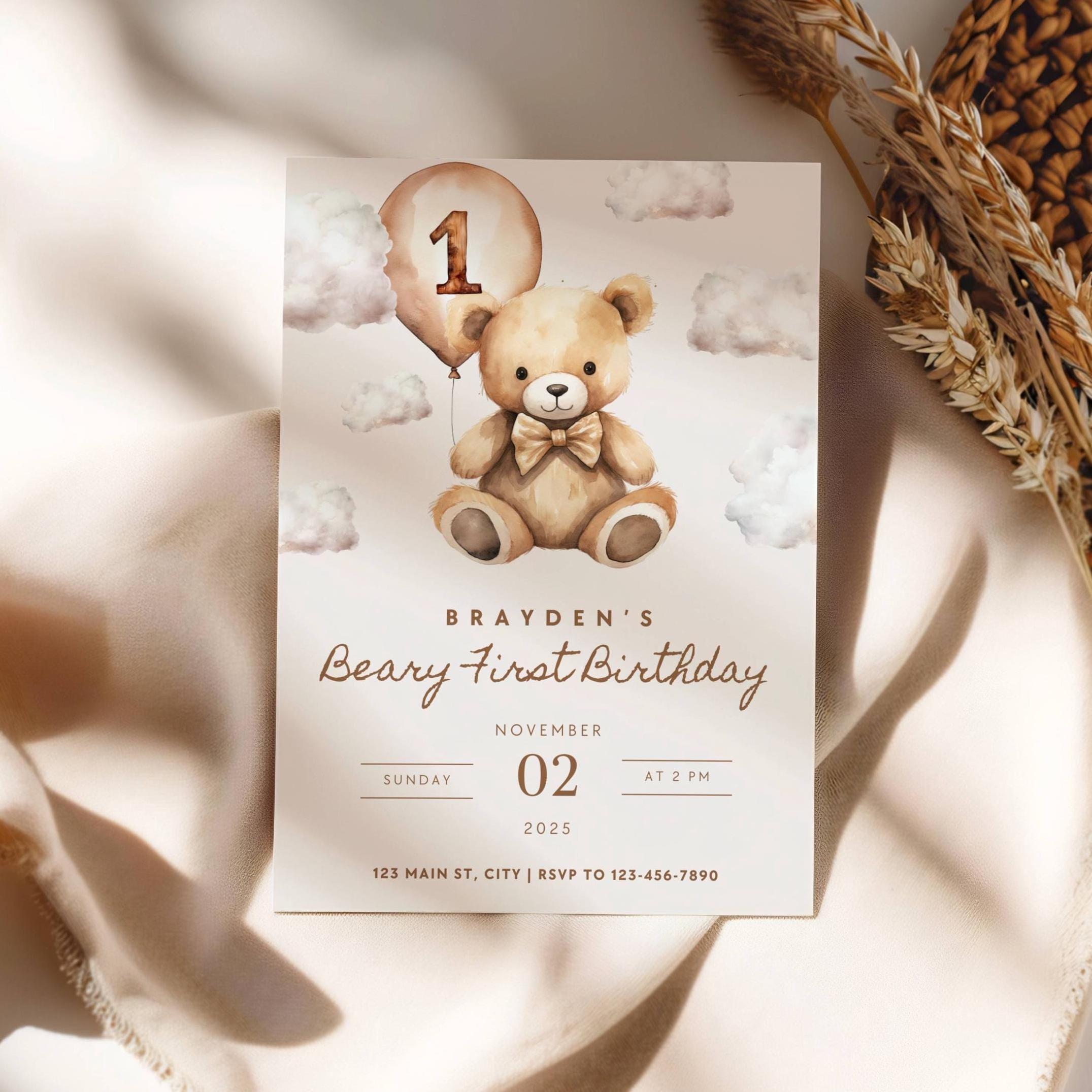 Teddy Bear 1st Birthday Invitation, Beary First Birthday, Boy Invite - Etsy