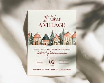 Könnte beinhalten: Eine rechteckige Babyparty-Einladungskarte mit einer Aquarellillustration eines Dorfes mit Häusern und Tannenbäumen. Der Text lautet: It takes A VILLAGE, JOIN US FOR A BABY SHOWER HONORING Felicity Merriman, DECEMBER 02 2025, SUNDAY AT 2 PM, 123 MAIN ST, CITY | RSVP TO 123-456-7890.
