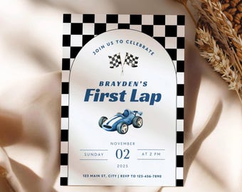 First Lap Around the Track Invite, First Lap Birthday Invitation, Racecar 1st Birthday Invite Template, Little Racer First Birthday (0227)