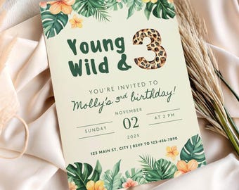 Young Wild and Three Invitation, Safari 3rd Birthday, Jungle Invitation, 3rd Birthday Invite, Editable Invite