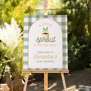 Cartello per baby shower Little Sprout, cartello di benvenuto per baby shower in giardino, Little Sprout è in arrivo, tema vegetale (0233)