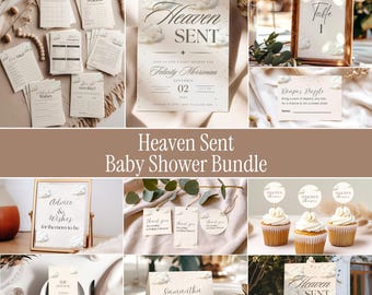 May include: A Heaven Sent baby shower bundle featuring printed stationery, including invitations, table numbers, diaper raffle cards, advice cards, thank you tags, cupcake toppers, menus, and place cards, all decorated with clouds and stars.