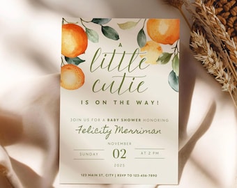 Little Cutie Baby Shower Invitation, Editable Little Cutie Citrus Baby Shower Invite Template, Little Cutie Orange Baby Shower