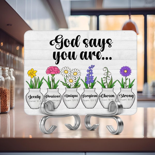 Cutting Board Sublimation Design, Farmhouse Spring, Mothers Day, God Says You Are...Bible Verse Flower Vases PNG, Digital Product Download