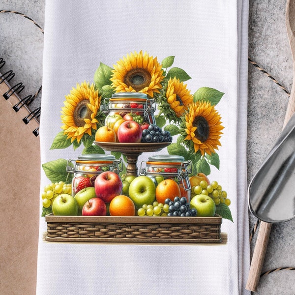 Kitchen Towel Png, Canning Sublimation Designs, 3 Tiered Tray Fruit & Sunflowers Png Digital Product Download