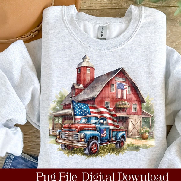 Old Red Barn Truck Sublimation Design, July 4th Country Barn PNG Printable Art Digital Product Download