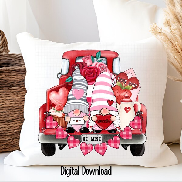 Valentine Gnome Couple, Red Truck Sublimation Design PNG, Towel Pillow Shirt Design Download
