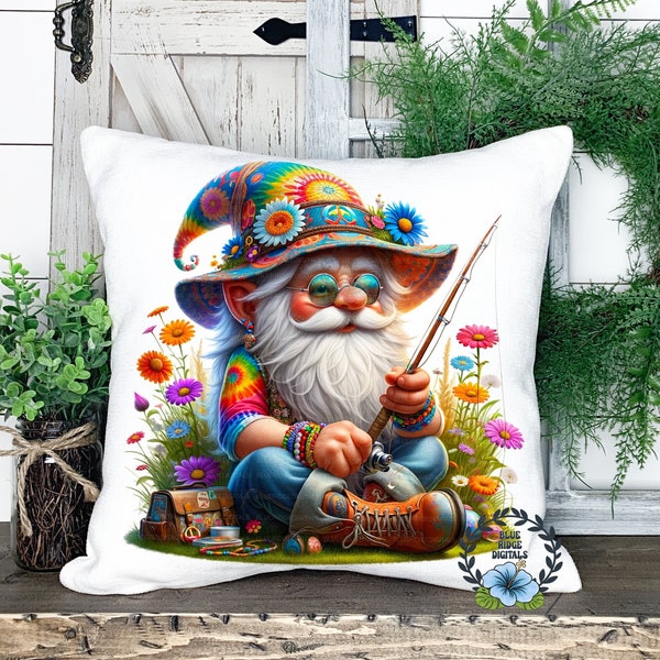 Peace Hippie Gnome Clipart Sublimation Design, Fishing Grandpa Gnome PNG Digital Product Download