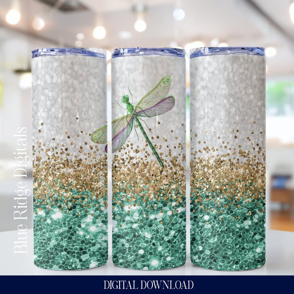 Dragonfly 20 oz Skinny Tumbler Sublimation Design Green Gold Glitter Tumbler Wrap Png Digital Product Download