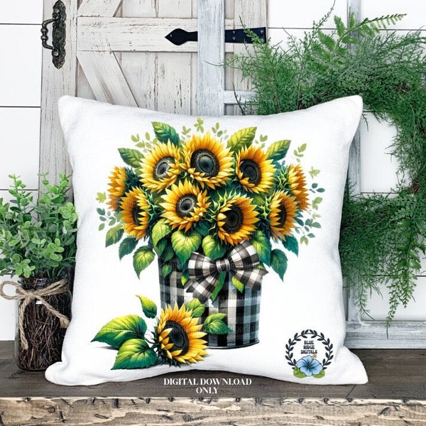 Pail Of Sunflowers png, Watercolor Flowers, Sublimation Design, Printable Towel Pillow Design Digital Product Download