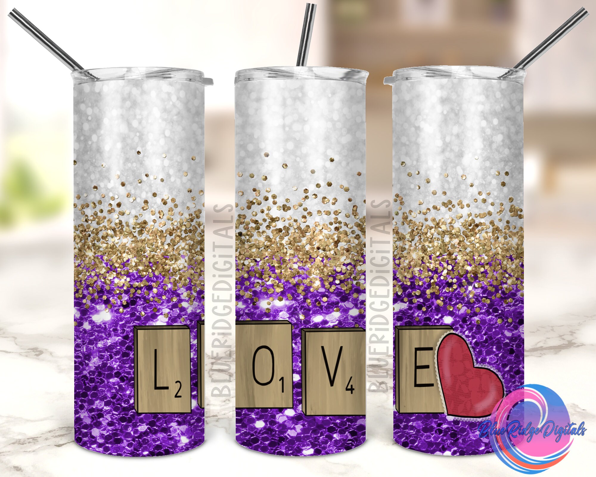 Art & Collectibles Valentine Purple Glitter Love Tumbler PNG Commercial