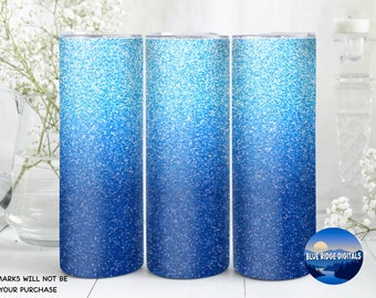 Blue Ombre Glitter 20 oz Skinny Tumbler Sublimation Designs Blue Ombre Faux Glitter Wrap Png Digital Product Download