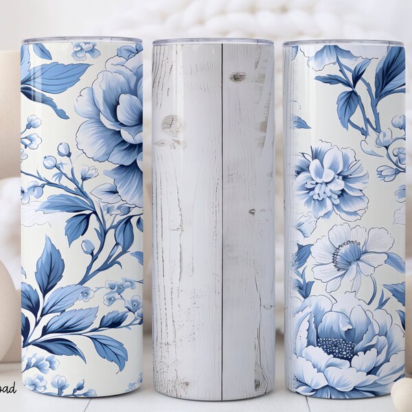 Blue Floral Tumbler Wrap 20 oz Skinny Tumbler Sublimation Template CHINOISERIE Png Digital Product Download