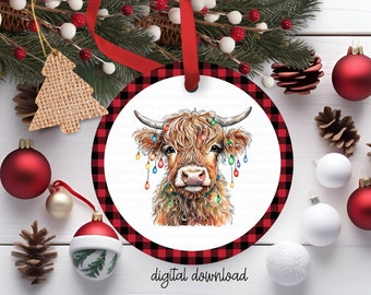 Christmas Cow Ornament Sublimation Design Round Earrings Door Hanger Car Coaster Template Png Digital Product Download