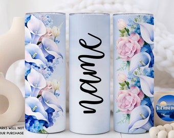 Blue Pink Floral, 20 oz Skinny Tumbler Sublimation Designs,  Add A Name Tumbler Wrap PNG, Digital Product Download