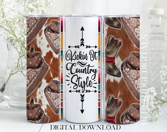 Rodeo Tumbler Wrap, Sublimation Design, Kickin It Country Style, 20 oz Skinny Designs PNG Instant Download