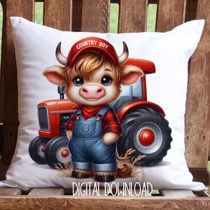 Kids Farm Life, Boys Farm Tractor Sublimation Design Cute Farmer Highland Cow Clipart PNG For Shirts Pillows, Digital Product Download