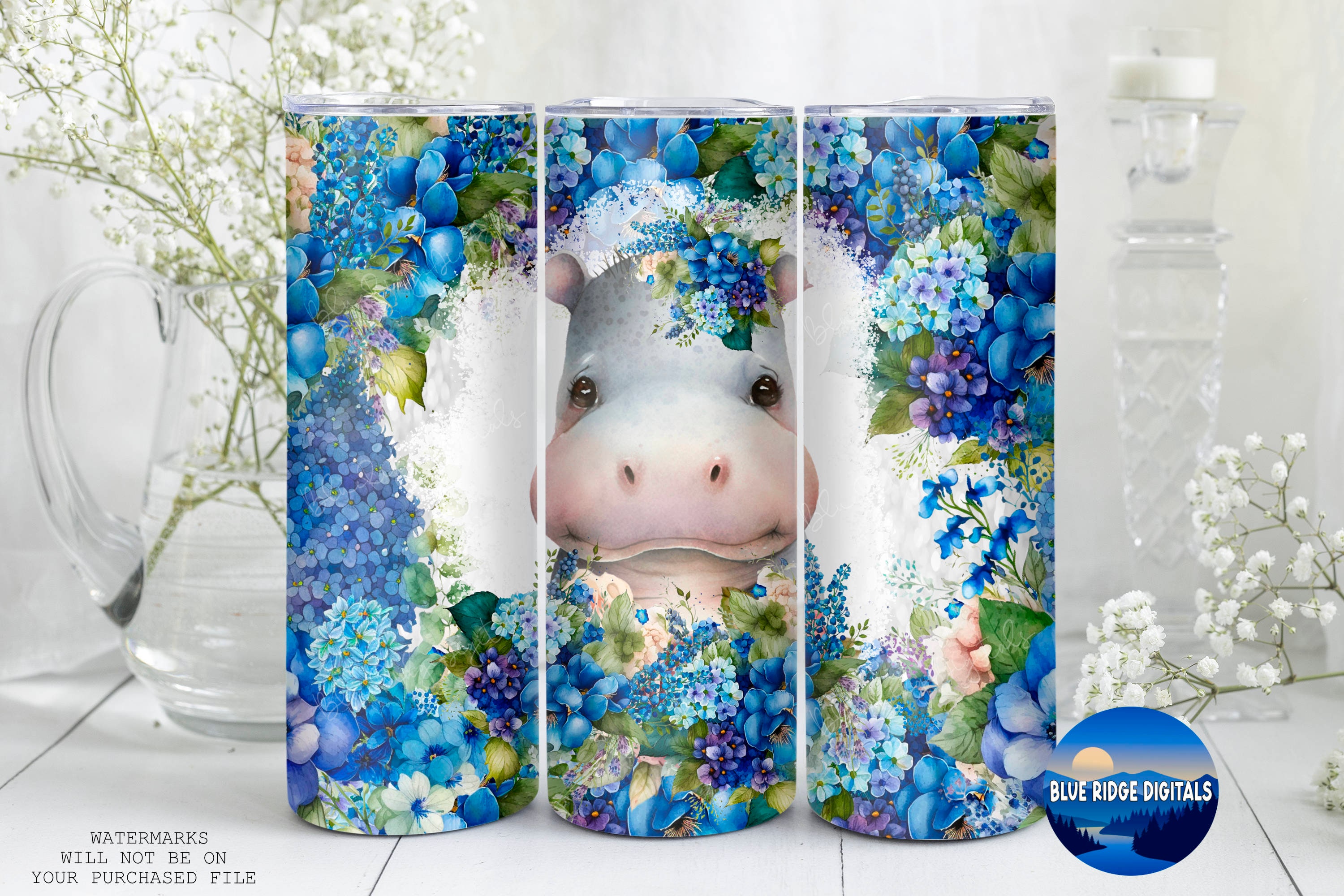 Hippo Floral, Sublimation, Ready To Press, Ready to Print, Print Out  Transfer, 20 oz, Skinny Tumbler Transfer, NOT A DIGITAL